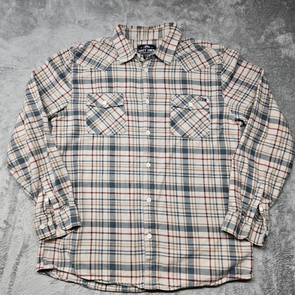 Salty Crew Mens XL Plaid Flannel Long Sleeve Western Button Up Shirt Tan Blue